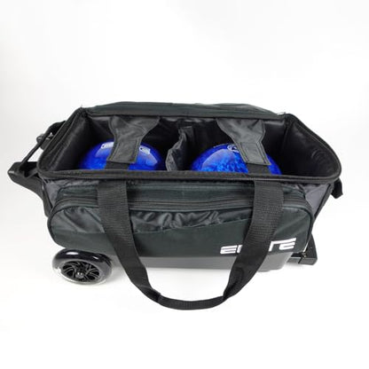 ELITE Deluxe 2 Ball Bowling Bag with 5" Smooth Wheels - Large Accessory Pocket, Shoe Compartment, 36" Extendable Handle - color: Sand/Black