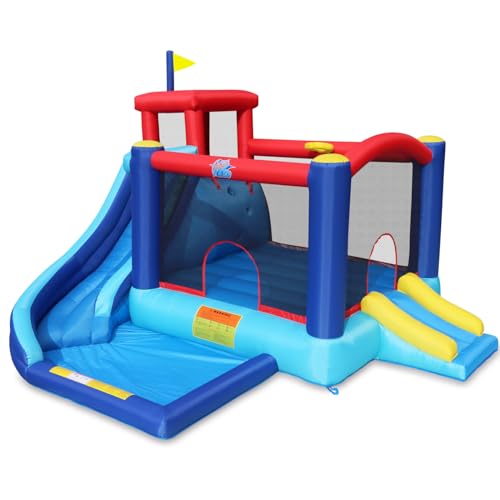 Action Air Bounce House - Inflatable Bouncing House with Blower for Indoor & Outdoor - Jump Bouncy Castle with Slide - Big Bouncy Area, Love for Kids - color: Blue