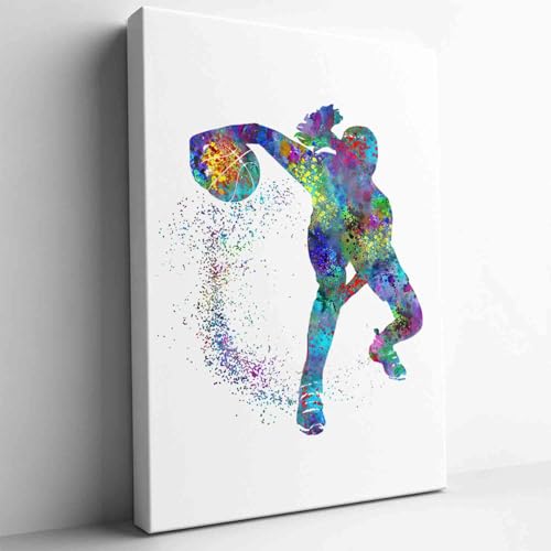 Watercolor Basketball Player Stretched Canvas Wall Art Modern Abstract Sports Decorative Painting for Home Office Bedroom,12"x16"-Ready to hang - color: Red-3, size: 16"L x 12"W
