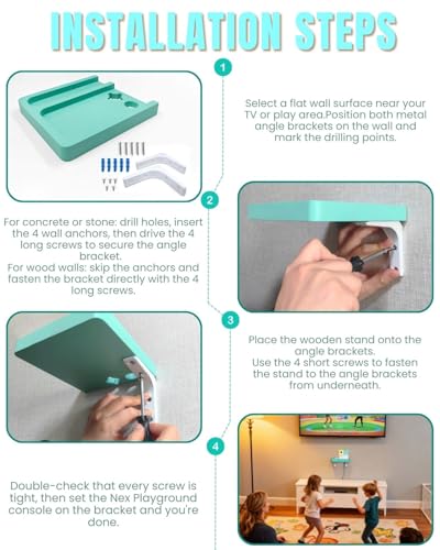 Wall-Mounted Wooden Stand Compatible with Nex Playground Console, Fixed Shelf Holder with Screws, Easy to Install Bracket for Family Gaming Setup (Mint Green) - color: Mint Green