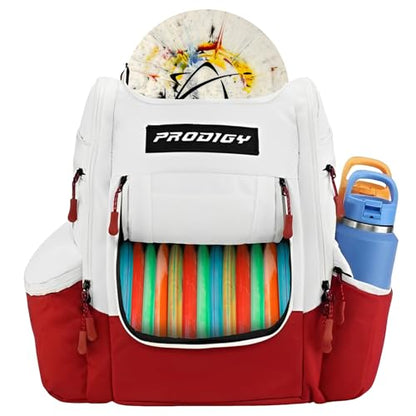 Prodigy Disc Apex XL Disc Golf Bag | Large Disc Golf Backpack | Store 34+ Discs | Premium Big Disc Golf Bags with Cooler - color: Red & White