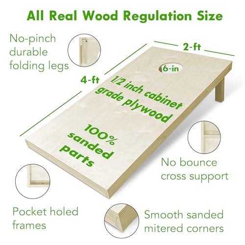 Solid Wood Regulation Cornhole Set 4 Feet x 2 Feet Includes Set of 8 All-Weather Bags, Carrying Case and Bag Satchel with Optional LED Lights and Scorekeeper