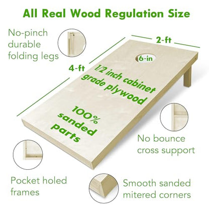 Solid Wood Regulation Cornhole Set 4 Feet x 2 Feet Includes Set of 8 All-Weather Bags, Carrying Case and Bag Satchel with Optional LED Lights and Scorekeeper