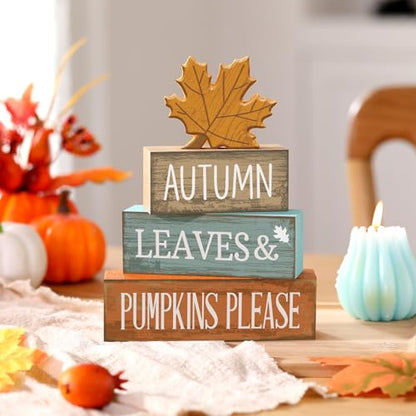 Lineshading 4 Pcs Fall Decorations for Home Thanksgiving Decor Wooden Maple Leaf Fall Table Centerpiece Autumn Tiered Tray Rustic Wood Maple Leaf Block Sign Farmhouse for Home Kitchen Shelf - style: Classic Maple Leaf