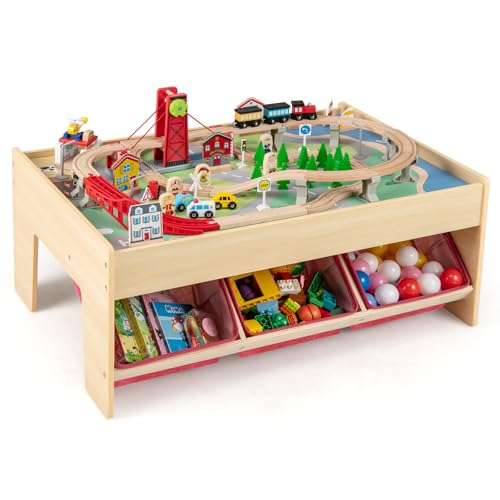 Costzon Train Table, 3-in-1 Wooden Activity Table W/ 3 Storage Bins, Reversible 94 PCS Track Train Toys & Table Map for Building, Playing, Studying, Eating, Kids Train Set Table for Boys Girls Aged 3+ - size: 36" x 25" x 15.5" (L x W x H)