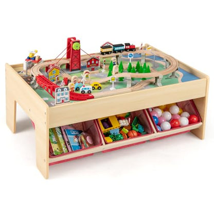 Costzon Train Table, 3-in-1 Wooden Activity Table W/ 3 Storage Bins, Reversible 94 PCS Track Train Toys & Table Map for Building, Playing, Studying, Eating, Kids Train Set Table for Boys Girls Aged 3+ - size: 36" x 25" x 15.5" (L x W x H)