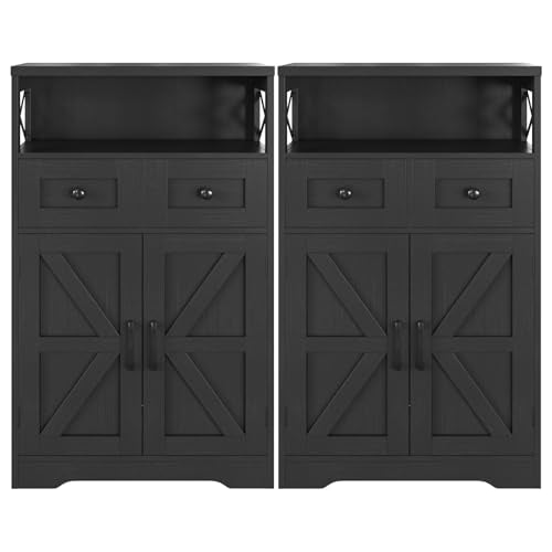 Befrases Set of 2 Black Storage Cabinet with Drawers and Shelves, Freestanding Black Kitchen Pantry, Floor Storage Cabinet Hutch Cupboard for Dining, Living Room, Home Office - color: Black, size: 2 Pack