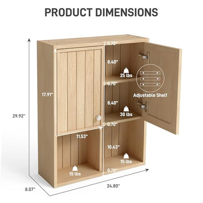 Bathroom Storage Cabinet Wall Mounted, Pre-Assembled Wood Medicine Cabinet with 2 Doors, Slim Hanging Wall Cabinet Over The Toilet for Small Spaces, Modern Farmhouse Style,Natural Oak
