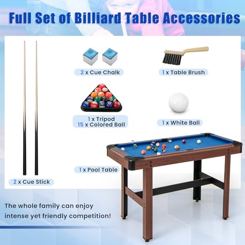 Goplus 48” Pool Table, Wooden Billiards Table w/ 2 Cue Sticks, 16 Balls, 2 Chalks, Triangle, Brush, Compact Pool Game Table for Kids Adults Family Game Room Bar Office - style: Upgrade Table 48’’, Blue