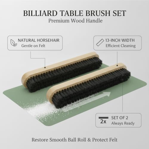 Billiard Table Brush Set, Natural Horsehair Bristles with Wood Handle for Pool Table Felt, 2-Pack - size: 14.96 x 3.54 x 1.77 in