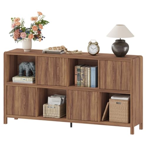 FATORRI 8 Cube Bookcase with 4 Doors, Wood Bookshelf with Storage Cabinet, Low Horizontal Storage Book Shelf for Living Room, Home Office, Dining (57 Inch Walnut) - color: Walnut With 4 Doors, size: 8 cube