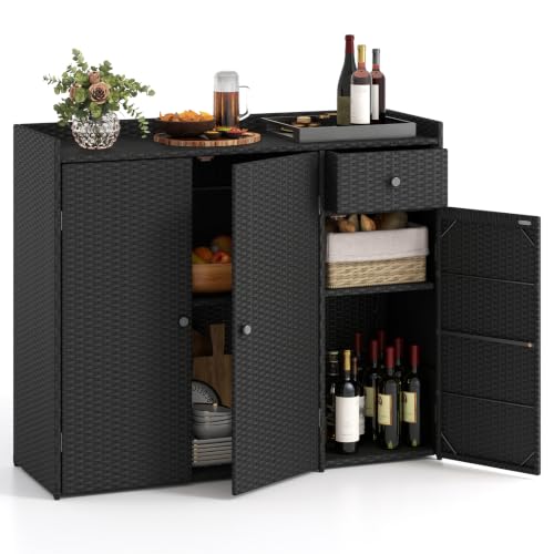 Tangkula Rattan Outdoor Storage Cabinet, Patiojoy Outdoor Cabinet with 2 Adjustable Shelves, 1 Drawer, 3 Doors, Patio Storage Deck Box Table for Patio Garden Poolside - color: Black, size: 48" x 17" x 40"