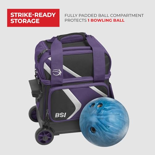 BSI Dash Roller Bowling Bag with Smooth Rolling Wheels, Padded Ball Compartment, Retractable Locking Handle, & Shoe Pocket - color: Black/Purple/White, style: Single