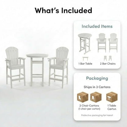 Patio Bar Tables Set of 3, HDPE Outdoor High Top Table and Chairs Set Height Table Chairs Adirondack Bar Set for Garden, Backyard, Yard, Pool, Balcony, White - color: Ø31.1" Bar Set of 3, White
