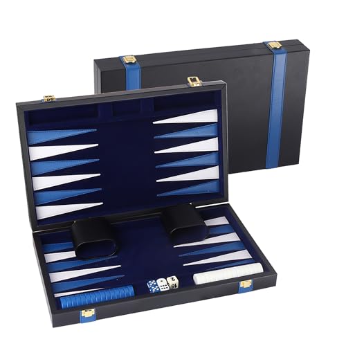 GSE Premium Leather Backgammon Board Game Set, Black&Blue, Small | Premium Leather, Travel Folding Board, Classic Game Set, Leather Case Included - color: Leather-black&blue, size: Small