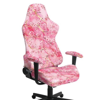 Suobstales Cherry Blossom Marble Pattern Gaming Chair Cover with 2 Armrest Covers, Non Slip Game Chair Cover with Zipper, Dustproof Washable Gaming Chair Seat Cover, Set of 4 - color: Cherry Blossom Marble