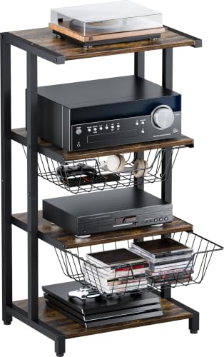 Media Stand with Two Detachable Baskets, 4-Tier AV Media Stand Corner Shelf for DVD Players/Cable Boxes/Games Consoles, Audio Storage Rack for Living Room, Gaming Room, Music Studio, Black - color: Black, size: Two Baskets
