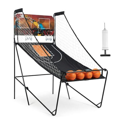 Foldable Dual Shot Basketball Arcade Game for Game Room | Folding 2 Player Indoor Basketball Shooting Game with 4 Balls, Dual Hoops, Inflation Pump, Electronic Scoreboard, 8 Game Modes