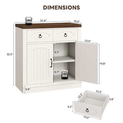 LIKIMIO Buffet Cabinet with 2 Drawers, 32" Sideboard Buffet Storage Cabinet with Doors and Shelves, Farmhouse Coffee Bar Station Kitchen Cabinet for Dining Room, Living Room, Entryway, White