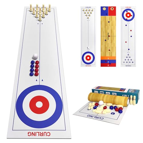 4-in-1 Tabletop Curling, Shuffleboard, Bowling & Cornhole Game - 47"(120x30cm) Family Game Set for All Ages - Easy Setup & Compact Design, Great for Home & Outdoor Fun