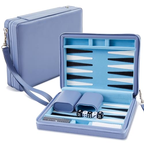 Jerify Travel Backgammon Set Board Games for Adults Portable Backgammon 9.4 x 7.1 inches Leatherette Case Classic Strategy Game for Families Companion Airplane, Camping(Blue) - color: Blue