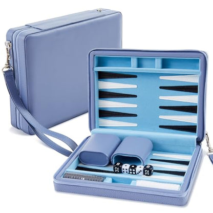 Jerify Travel Backgammon Set Board Games for Adults Portable Backgammon 9.4 x 7.1 inches Leatherette Case Classic Strategy Game for Families Companion Airplane, Camping(Blue) - color: Blue