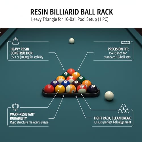 Heavy Resin Pool Ball Rack, Standard 15-Ball Triangle for Billiard Tables, Black