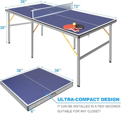 6ft Mid Size Blue Foldable Portable Ping Pong Table Indoor Outdoor Game Set with Net 2 Paddles 3 Balls