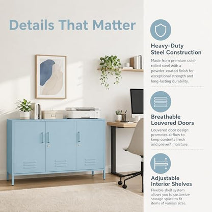 32" Blue 3 Door Lockable Metal Cabinet, Freestanding Heavy Duty Storage Locker with Adjustable Shelves for Home Office Kitchen Living Room - color: Blue, style: 32"H-Cabinet-TH