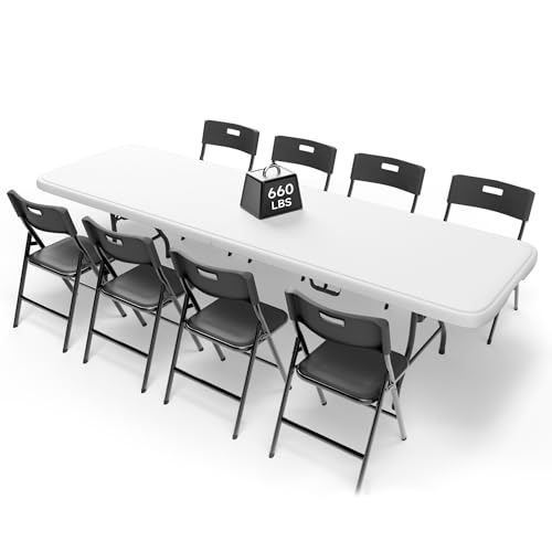8FT Folding Table Set with 8 Chairs – Heavy-Duty 660 lb Table & 330 lb Chairs, Portable Folding Furniture Bundle for Camping, Parties, Indoor & Outdoor Use - color: White Table & Black Chairs, size: 8ft, style: 8 chairs