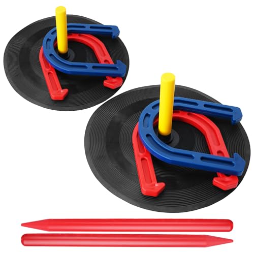 Outdoor Indoor Rubber Horseshoes Set Includes 4 Horseshoes,2 Pegs,2 Rubber Mats,2 Red Plastic dowels,Beach Games Perfect for Tailgating,Camping,Backyard,Fun for Kids Adults