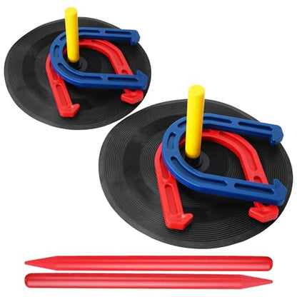 Outdoor Indoor Rubber Horseshoes Set Includes 4 Horseshoes,2 Pegs,2 Rubber Mats,2 Red Plastic dowels,Beach Games Perfect for Tailgating,Camping,Backyard,Fun for Kids Adults
