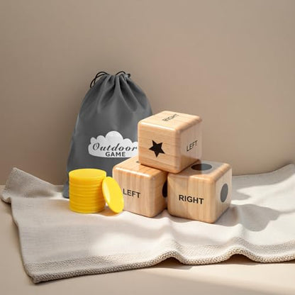 Giant Left Right Point Center Dice Game with 24 Large Chips & Carry Bag. 3.5" Jumbo Wooden Indoor/Outdoor & Lawn Dice Game for Family - color: Jumbo Natural Wood Dice