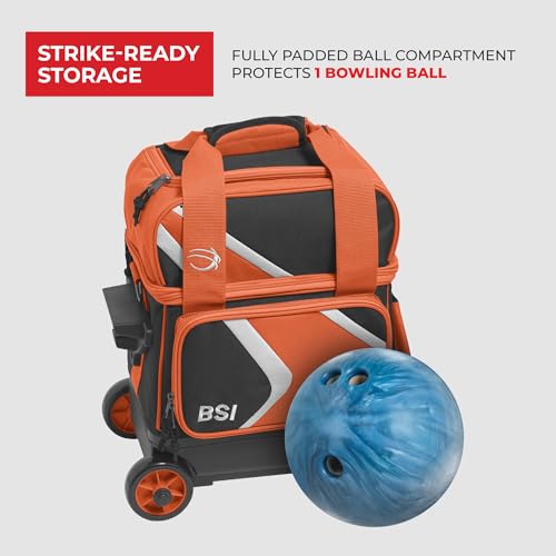 BSI Dash Roller Bowling Bag with Smooth Rolling Wheels, Padded Ball Compartment, Retractable Locking Handle, & Shoe Pocket - color: Black/Orange/White, style: Single