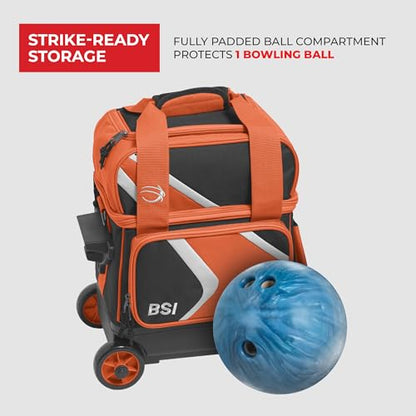 BSI Dash Roller Bowling Bag with Smooth Rolling Wheels, Padded Ball Compartment, Retractable Locking Handle, & Shoe Pocket - color: Black/Orange/White, style: Single