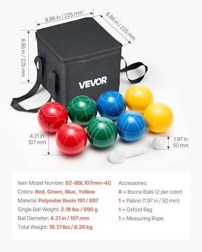 VEVOR Bocce Ball Set, 107 mm, with 8 Resin Balls, Pallino, Carrying Bag and Measuring Rope, Red/Green/Blue/Yellow 4 Colors, for 2 to 8 Players, Bocce Ball Game Set for Beach, Lawn, Family Backyard