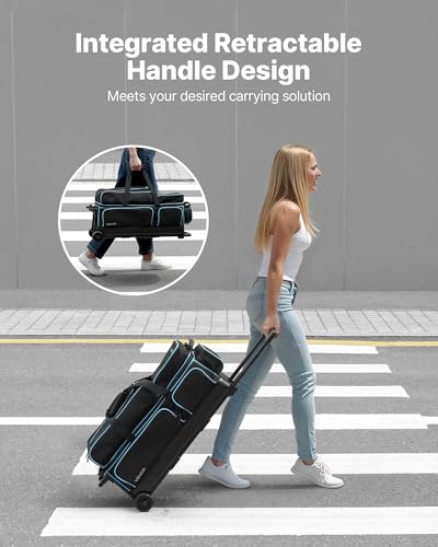 VEVOR Bowling Ball Bag, 3 Ball Double Roller Bowling Bag with Wheels, Featuring a Separate Compartment for Shoes (Up To US Size 16) & Oversized Accessory Pocket, Retractable Handle Extends to 41.34 in - style: Black-blue