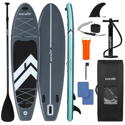 SereneLife 10’6" Inflatable Stand Up Paddle Board with Premium SUP Accessories - Wide Stable Design with Non-Slip EVA Deck Pad, for Youth and Adults, 350 lbs. Capacity - color: Storm Gray