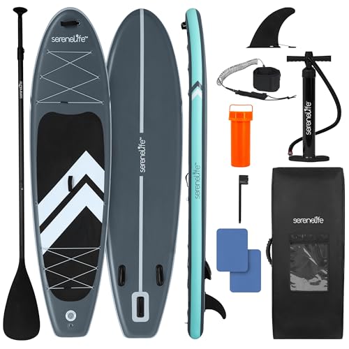 SereneLife 10’6" Inflatable Stand Up Paddle Board with Premium SUP Accessories - Wide Stable Design with Non-Slip EVA Deck Pad, for Youth and Adults, 350 lbs. Capacity - color: Storm Gray