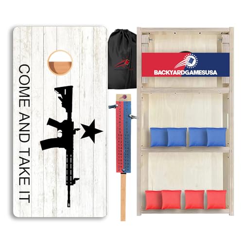 CornholeGamesUSA Pro Cornhole Boards Set | Made in USA | 3/4 Baltic Birch | No Bounce | Triple Thick Legs | Two Brace & Handles, Tournament 2x4 Regulation Set with Score Tower & Cornhole Bags - color: Come and Take It