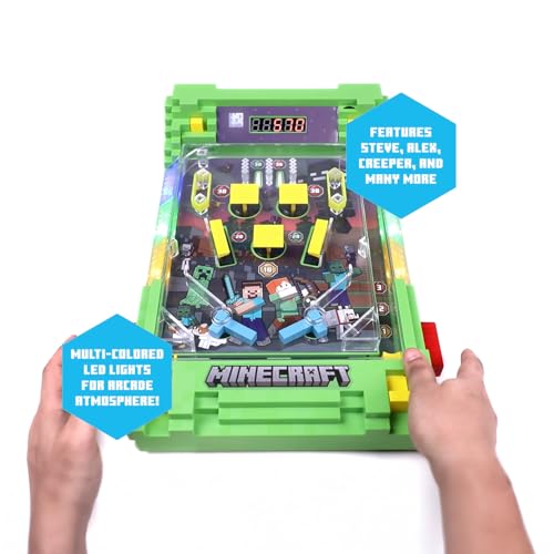 Minecraft: Arcade Pinball - Overworld - Lights & Sounds Tabletop Game, LED Scoreboard, Vibrating Bumpers, Gutter Detection, Licensed, Adults & Kids 6+