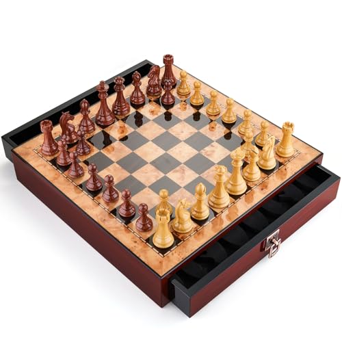 AMEROUS 17 inches Wooden Chess Set with High Polymer Weighted Chess Pieces / 2 Built-in Storage Drawers / 2 Extra Queens / 3.75'' King, Classic Board Game