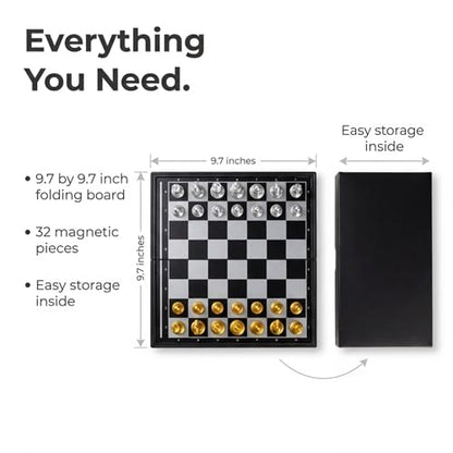 Magnetic Travel Chess Set Game with Folding Board Portable and Storage Compartment – Great Travel Toy Set by Big Mo’s Toys 9.7"