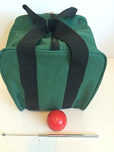 BuyBocceBalls Unique Bocce Accessories Package - Heavy Duty Nylon Bocce Bag (Green with Black Handles), Official Tournament-Grade red 60mm Pallino, Extendable Measuring Device