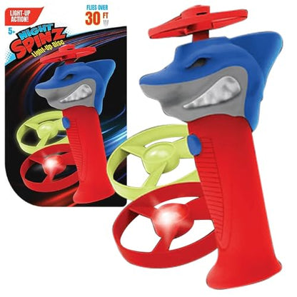 Spinz Night Shark Flying Disc Launcher, Light Up Propeller Outdoor Toy with Dinosaur Head and 2 Spinning Discs, Flies Over 30 Ft, 5+ Years - size: Shark