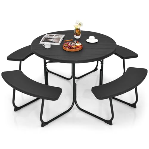 Giantex Picnic Table Set for Up to 8 Persons, Round Outdoor Table and Bench Set with Umbrella Hole, HDPE Top & Metal Frame, 2000LBS Capacity, Patio Table Bench for Deck Backyard Garden (Black) - color: Black, size: Round-43"x43"x30"