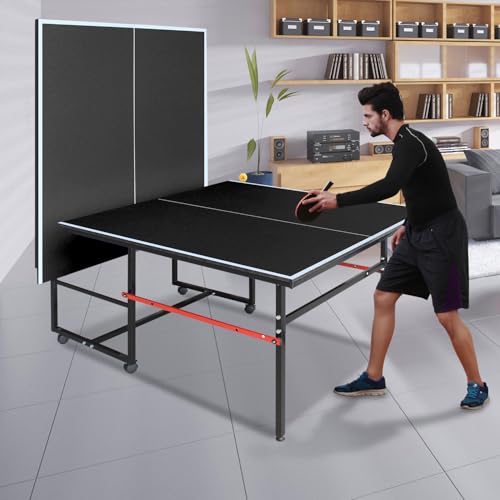 Ping Pong Table Foldable & Portable Table Tennis Table Set for Indoor & Outdoor Games with Net, 2 Paddles and 3 Balls - size: 8FT-Black