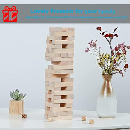SpeedArmis Mini Tumble Tower, 54PCS Wooden Stacking Game for Teens - Pine Stack Timber Board Games with 4 Dice Set - Classic ‌Xmas Gifts for Teens - size: Stack To Over 1.5FT