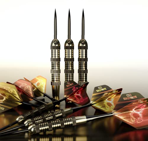 CC-Exquisite Premium Steel Tip Darts Set - Professional Darts, Brass Barrels, Metal Tip Darts, Extra Flights, (12) Aluminum Shafts 35/48, O-Rings, Dart Tool, Dart Sharpener, Darts Case
