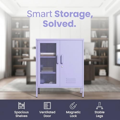 Accent Cabinet Locker, Lockable Storage Cabinet with Mesh & Metal Doors, 3-Tier Heavy Duty Steel Cabinet with 2 Adjustable Shelves, for Living Room, Home Office Purple 33"H x 29.5"W x 13.8"D - color: Lilac, style: Cabinet-33"H-SW